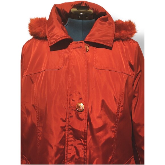 Dennis Basso Red Faux Fur Hood Button Down Zip Up Coat Jacket Women's Size XL - Picture 2 of 8